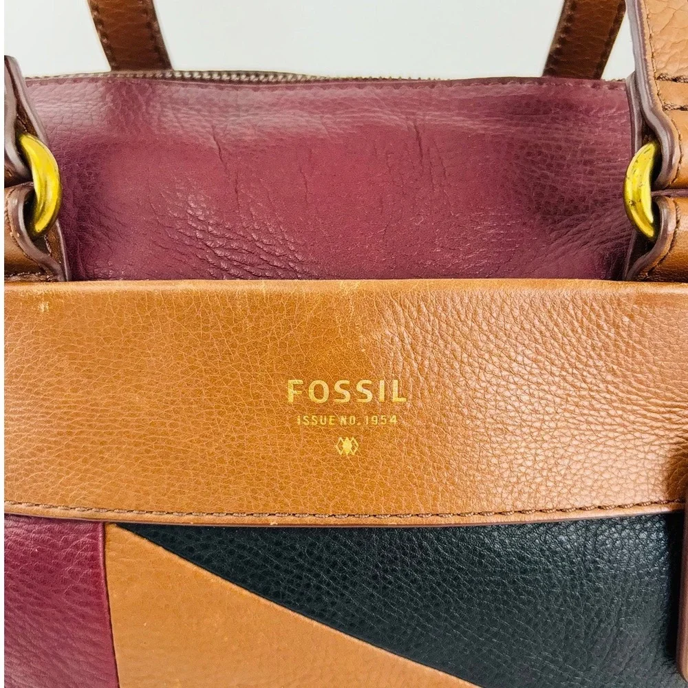 Fossil Burgundy Brown Leather Geometric‎ Patchwork Satchel Crossbody Bag